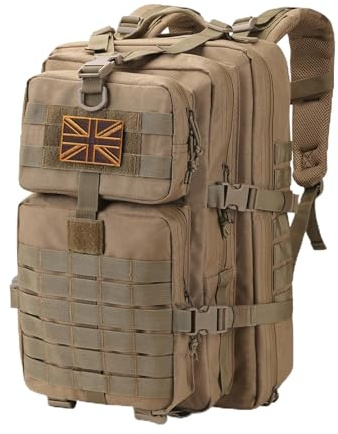 Hannibal Tactical Sac à dos tactique Molle d'assaut 40 L, sac à dos militaire, sac à dos de camping, sac à dos de 3 jours avec écusson de drapeau, anneaux en D, kaki, kaki, L, Classique