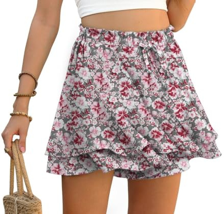 PrinStory Ruffles Shorts For Women High Waist Flowy Shorts Drawstring Skort Casual Summer Skort Wide Leg Culottes (Grey Flower, XL)