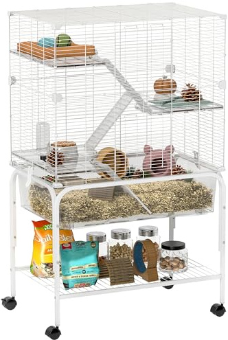 PawHut Jaula para Animales Pequeños de 4 Niveles con Ruedas Jaula para Roedores con Bandeja Profunda Rampas Plataformas Comedero y Bebedero Recinto para Chinchillas Hurones Hámster 73x47x123 cm Blanco