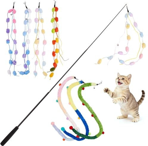 PATTEPOINT Cat Wand Toy, 8Pcs Retractable Plush Srtip Cat Teaser Wand Toys with Bell & String, Long Interactive Wand Toys for Indoor Kitten, Exercise