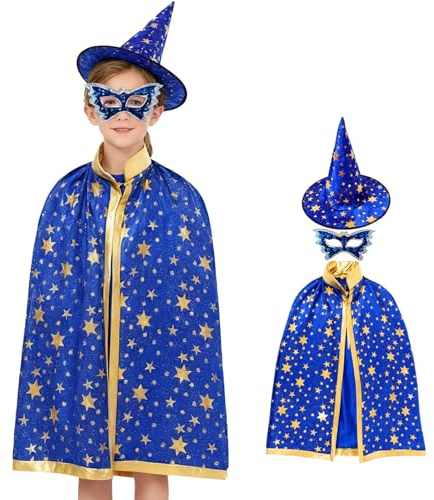 MmmLucipor Cloak d'Halloween, Costume de Magicien Pour Enfant, Cape de Sorcier pour Enfants avec Chapeau (B BLUE)