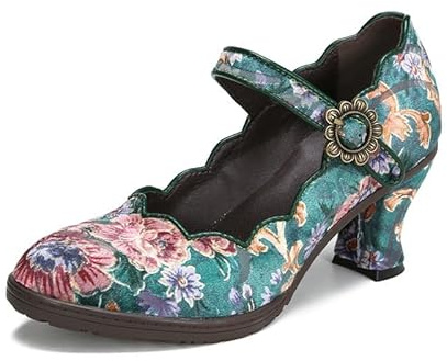 SOCOFY Kvinnor Läder Mary Jane-skor Färgglada Läder Oxfordskor Vintage Läderpumpar Dam Färgglada lappord blockklack Pumpar Mid Kattunge Hälpumps Skor Ankelrem Bröllopsklänning Kväll Festskor, gRÖN
