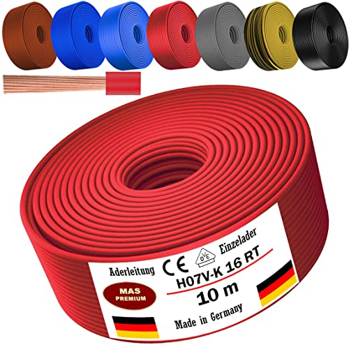 MAS Premium Von 5 bis 100m Aderleitung H07 V-K 16 mm² Schwarz, Braun, Dunkelblau, Grüngelb, Grau, Hellblau oder Rot Einzelader flexibel (Rot, 10m)