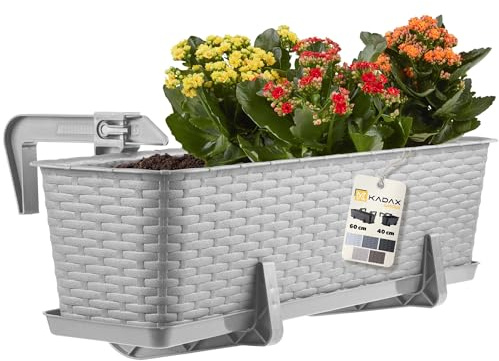 KADAX Blumenkasten 60 cm Hellgrau mit Halterungen & Untersetzer, Rattan-Optik – Pflanzkübel für Balkon oder Garten, robuster Balkonkasten