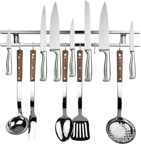 Magnetleiste Messer mit Haken, Messerleiste 45 cm lang, extrem straker Magnet, Messer Kochutensilien, Edelstahl, leicht anzubringen