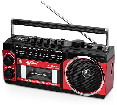 Reproductor de Cinta Portátil Reproductor de Cinta Retro Portátil Boombox Soporte para reproducción de Vinta SD/mmc/USB/Vinta Radio de Banda Am/FM/Sw Altavoces Incorporados (Rojo)
