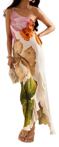Women's Summer Maxi Casual Floral Ruffle High Low One Shoulder Club Party Long Split Dresses(01 M)