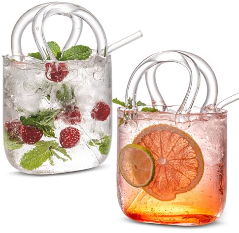USEEKRIL 2PCS Glass Purse for Drinks,24Oz party gift Thick Glasses(Bubbled) | drinking glasses for cocktail,coffee,thick