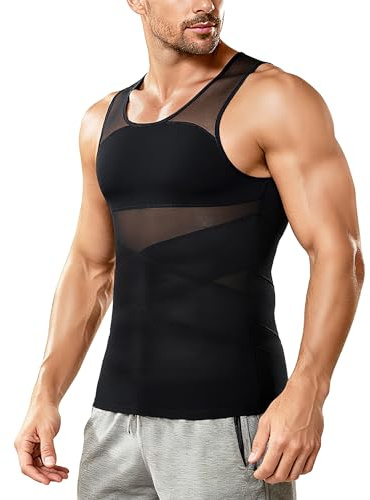 Nebility Mens Compression Shirt for Gynecomastia - Sleeveless Slimming Undershirts Body Shaper Vest Mesh Shapewear Workout Tank Tops(Black, Large)