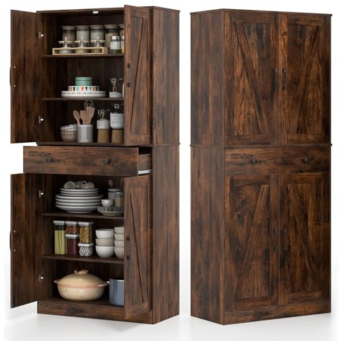 KOMFOTTEU Credenza Alta da Cucina in Legno, 2 Armadi con Ante e 1 Cassetto, Mobile Buffet con 3 Ripiani Regolabili, Mobiletto Multiuso per Soggiorno, Sala da Pranzo, 77x39x183cm(In 2 Pacchi) (Marrone)