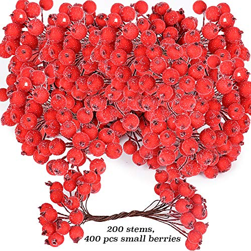 SERWOO Künstliche Weihnachtsbeeren - 200 Stiele, 400 Stück, Durchmesser 12 mm - Rote Stechpalmen, Mini-Beeren, Gefrostete Früchte - Weihnachtsdekoration