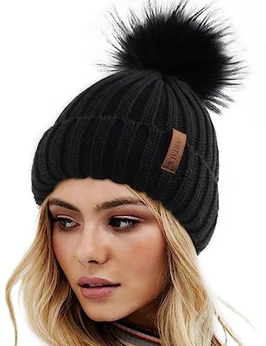 FURTALK Womens Winter Knitted Beanie Hat with Faux Fur Pom Poms Warm Knit Skull Cap for Women Black with Black Pom