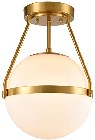 HOLKIRT Mid Century Modern Globe Semi Flush Mount Ceiling Light Fixture,White Opal with Brass Finish,Living/Dinning Room-Dimmable