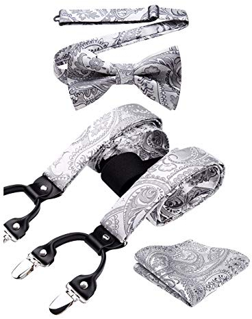 HISDERN Grau Hosenträger und Fliege Set Herren Blumen Paisley Einstecktuch Y Style hosenträger mit 6 Clips Einstellbar für Hochzeit Anzug
