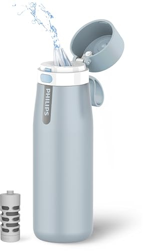 PHILIPS Water Bottle with Filter, Filter Water Bottle Stainless Steel with GoZero Everyday BPA-Free Tap Water Filter, Water Filter Bottle Keep Drink Cold 24 Hours, 1 Filter for 40 gal / 2 Months