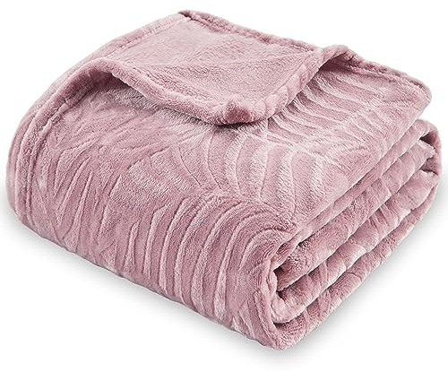 SOCHOW Super Soft Flannel Fleece Throw Blanket, Lightweight Cozy Warm Leaves Textured Plush Blanket for Bed Couch Sofa, 127cm × 150cm, Dusty Rose