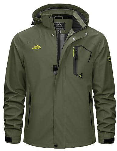 TACVASEN Giacca Di Transizione Uomo Giacca Impermeabile Giubbotti Funzionale Antiacqua Respirante Giubbotti Antivento Hoodie Verde Militare, M