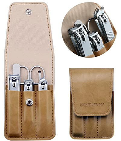 Nail Clipper Set, 6 Pcs Toenail Clippers, Stainless Steel Fingernail Clipper, and PU Leather Manicure Set, Gift Ideas (Beige)