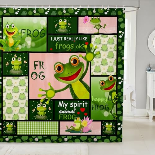 Manfei Cartoon Frogs Kids Shower Curtains,Cute Pond Animals Summer Bathroom Curtains for Boys Girls Adults,Geometric Plaids Patchwork Green Bright Waterproof Curtains,12 Hooks Suits,72 W x 72 L
