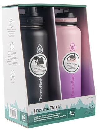 ThermoFlask 40oz Stainless Steel Insulated Water Bottles with Straw and Spout Lids, 2-Pack, Black/Rose Purple