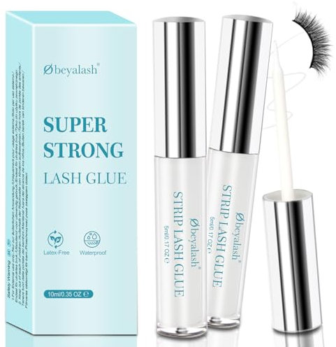 Obeyalash Eyelash Glue Strong Eyelash Glue Lash Glue for Eyelash Extensions Waterproof Super Strong Hold Strip Eyelash Adhesive Latex Free White Lashes Glue Clear 5ML*2