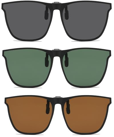 3 Pair Clip-On Sunglasses for Men & Women - Flip-Up, UV400 Protection, Anti-Glare, Driving Prescription Sunglasses Over Glasses