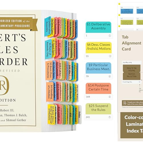 Harfesto Upgraded Book Tabs for Robert’s Rules of Order, Newly Revised 12th Edition, 90 Index Tabs in Total with Guide & Alignment Card - Laminated, Color-Coded (Book not Included)