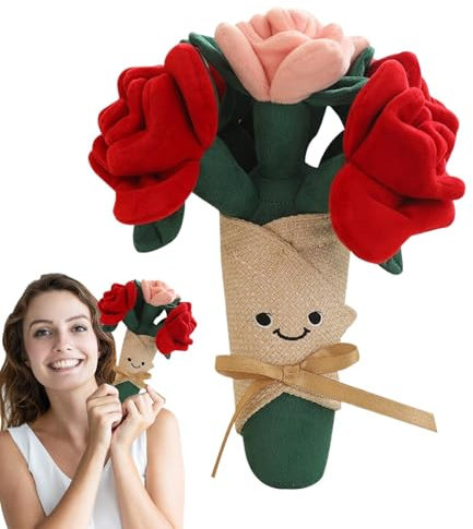 Gefüllte Blumen, Blumenplüschspielzeug – Gefüllter Rosenstrauß mit lächelndem Gesicht, weiches Umarmungskissen für die Inneneinrichtung, anschmiegsames Lieferungsblumenspielzeug für Geburtstag, Hochze