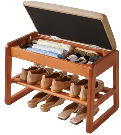 Aibiju Banco Zapatero con Tapa Abatible, 2 Niveles, con Asiento Acolchado, Organizador de Madera de 60 cm para Entrada, Dormitorio y Sala de Estar, Color Cerezo YD-WD060C