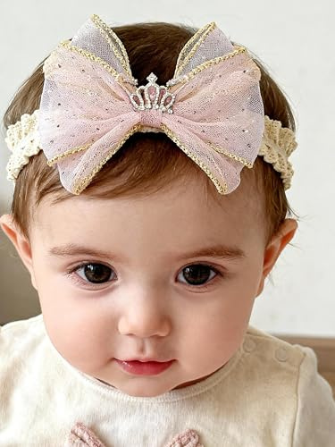 ICKEYOU Baby Girls Hairbands Bow Lace Headband Handmade Soft Stretchy Pink Bowknot Hairbands Newborn Hairband with Bows Elastic Hair Bands for Kids Infant (Light Pink Bow)