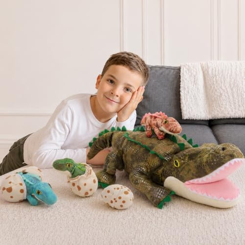 MorisMos Giant Crocodile Plush Toy 60 cm, 7Pcs Alligator Stuffed Animal Family Set with 3 Baby Crocodiles and 3 Eggs, Lifelike Cuddly Soft Toy Gift for Kids Birthday Party Decor