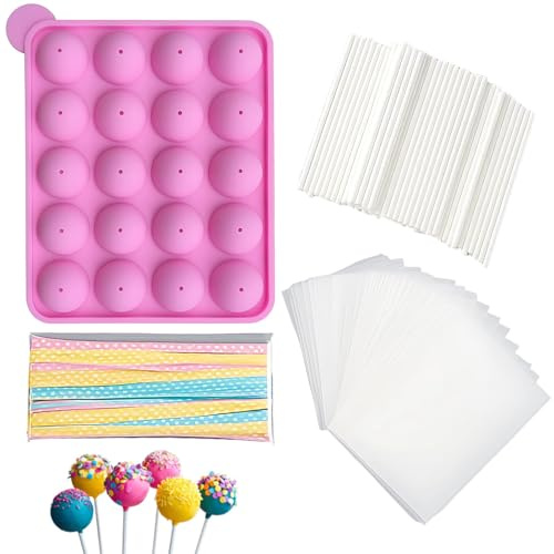 301Pcs Cake Pop Set, 20 Cavity Silicone Cake Pop Mould, Chocolate Lolly Maker,Silicone Cake Pop Mould with 100pcs Cake Pop Sticks, Bags, Twist Ties, Suitable for Chocolate and Candy Making