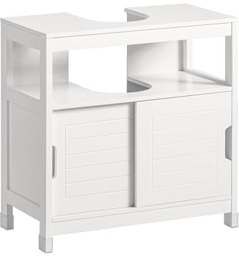 SoBuy Mobiletto Bagno Salvaspazio - Armadio Salvaspazio 2 Ante Scorrevoli e Ripiano Aperto - Mobile Sottolavabo per Bagno Moderno Piccolo – Bianco, 60x30x60cm, FRG128-II-W