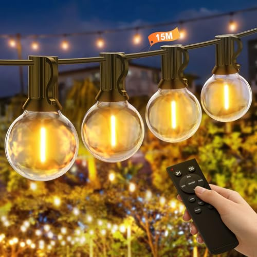 Guirnalda Luces Exterior 15M, Regulable Luces Led Exterior Jardin con Mando a Distancia, Impermeable Luz Guirnalda Exteriores con 25+1 Bombillas para Terraza, Fiesta, Cobertizos, Bodas, Pergolas