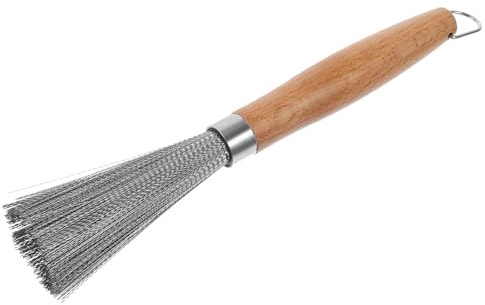 SHINEOFI Stainless Steel Cookware Scrubber Brush with Wood Handle, Small Kitchen Pot and Pan Cleaning Brush for Outdoor Grill and Wok, Sturdy Dish Scrubber for Efficient Cookware Washing