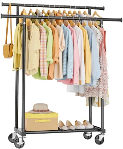 HYSEYY Double Rod Clothes Rail, Rolling Clothes Rack, Heavy Duty Clothing Rail with Lockable Wheels & Storage Shelf, Clothing Rack for bedroom, Laundry, Living Room - 160H x 113W x 42D cm, Black