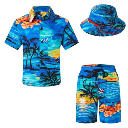 SPKPKEY Ensemble chemise hawaïenne boutonnée à manches courtes et short avec chapeau cloche pour garçon
