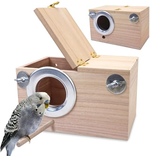 PINVNBY Parakeet Nesting Box Bird House for Cage Wood Mating Box Bird Breeding Box for Lovebirds, Cockatoo, Budgie, Finch, Canary Small and Medium Sized Birds (L:9.8 * 5.3 * 5.3 inch)