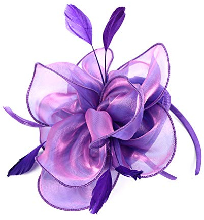 Lurrose Diadema de organza para el pelo con plumas, accesorio para el cabello, tocado para niñas y mujeres, 1 unidad (Paquete de 1), color púrpura, para ocasiones especiales y uso diario