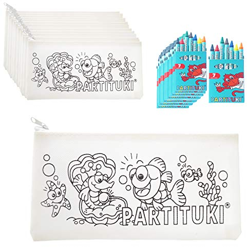 PARTITUKI Mitgebsel Kindergeburtstag Junge 10 Federmäppchen Zu Malen, 10 Sets mit 7 Farbige Crayons. Kleine Geschenke für Kinderparty. Pinata Füllung. Ungiftig Zertifiziert
