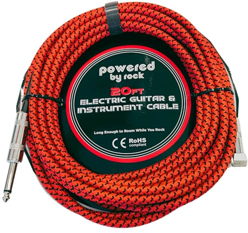 Powered By Rock Guitar Cable for Electric Guitar & Bass - 20ft Instrument Cable - No Buzzing or Tangles - 1/4 Inch Male to Male Inputs with a Right Angle Jack On One End to Secure Your Amp Cord