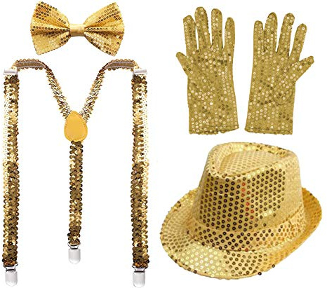 Juego 4 de Tirantes Elásticos Pajaritas Ajustables Guantes y Sombrero de Copa de Lentejuelas Brillantes para Niños Disfraz de Fiesta Carnaval Halloween Navidad (Dorado, Pack con sombrero/52cm)