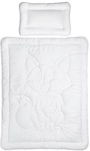 Aminata Kids Baby Bettdecke & Kissen 100x135 cm Baby-Bett-Decken-Set Kinder-Betten-Set | Allergiker geeignet - ÖkoTex | Stepp-Decke mit Fuchs - Flachkissen Mikrofaser weiß