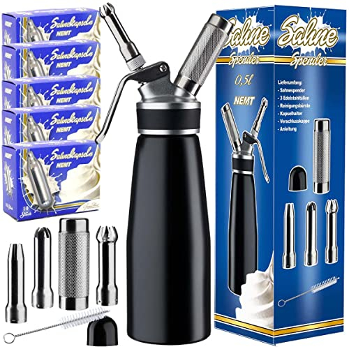NEMT Sahnespender 0,5 L Sahnesiphon schwarz + 50 Sahnekapseln 500 ML