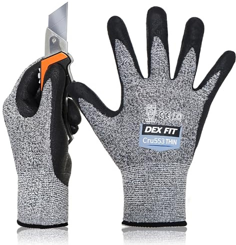 DEX FIT 15 Gauge Level 4 Dünne Schnittschutzhandschuhe Cru553; Fester Griff, 3D-Komfort-Passform, Leicht und Langlebig, Touchscreen-Kompatibel für Präzise Arbeiten, Waschbar; Grau XL (10) 1 Paar