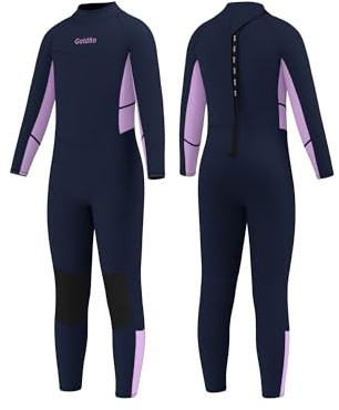 Goldfin Kids Wetsuit, Boys Girls Wet Suits Youth Toddler 3mm Neoprene Back Zip Keep Warm for Cold Water Swimming Diving Snorkeling Surfing Paddleboarding Full-Body Purple Size 10