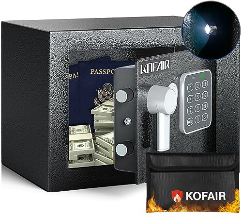 KOFAIR Caja fuerte pequeña para el hogar (0.23 pies cúbicos) con bolsa ignífuga, caja fuerte personal para ahorrar dinero, mini caja fuerte con llave, caja de seguridad digital con luz, caja de
