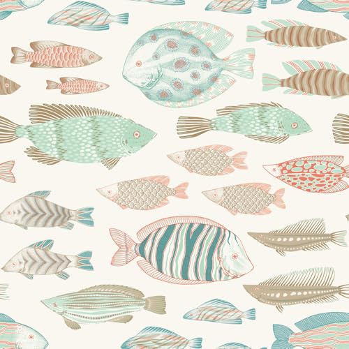 Tempaper White Marine Fish Removable Peel and Stick Wallpaper, 20.5 in X 16.5 ft, Made in The USA