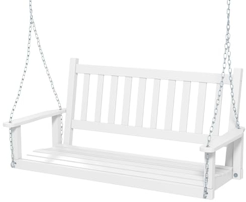 COSTWAY Banco Columpio de 2-3 Plazas, Banco Colgante de Jardín, Madera de Álamo, Cadenas Ajustables de 170cm, Respaldo de Listones (136 x 67 x 63 cm, Blanco)