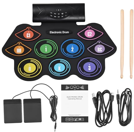 Btuty Elektronisches Schlagzeug-Set, 9 Pads, eingebauter Stereo-Lautsprecher mit Drumsticks, Fußpedal, buntes Handroll-Schlagzeug-Set, Übungspad, Schlagzeug-Set